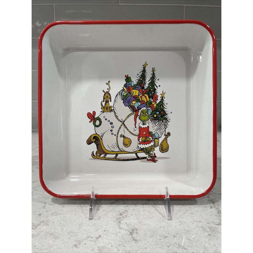 Dr. Seuss The Grinch Who Stole Christmas Sleigh Baking Dish Red Rim 9x9